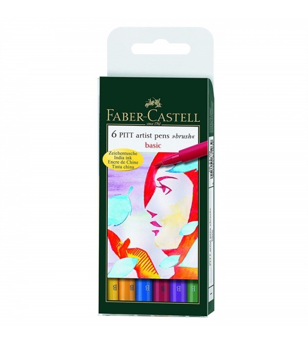 Artist Pens FABER CASTELL 6 PITT -Basic "Brush" 167103 - Çini Mürekkepli, Fırça Uçlu, Çizim kalemi 
